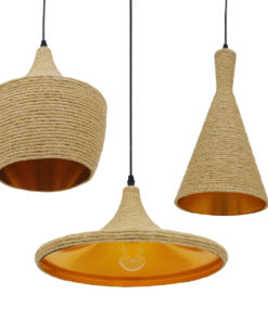 GloboStar® SHANGHAI ROPE 00875 SET 3 Μοντέρνα Κρεμαστά Φωτιστικά Οροφής Τρίφωτο 3 x E27 με Μπεζ Σχοινί Μεταλλικά Καμπάνα