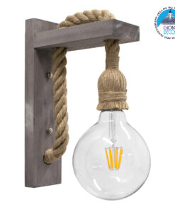 GloboStar® KENSI 00879 Vintage Φωτιστικό Τοίχου Απλίκα Μονόφωτο Γκρι Ξύλινο με Σχοινί Μ7 x Π20 x Υ30cm