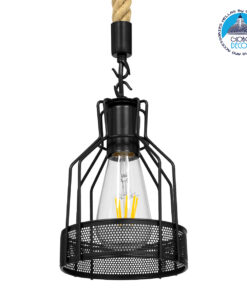 GloboStar® MASON 00881 Vintage Industrial Κρεμαστό Φωτιστικό Οροφής Μονόφωτο 1 x E27 Μαύρο με Μπεζ Σχοινί Φ15 x Y24cm