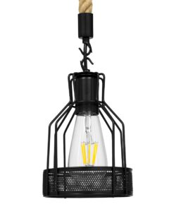 GloboStar® MASON 00881 Vintage Industrial Κρεμαστό Φωτιστικό Οροφής Μονόφωτο 1 x E27 Μαύρο με Μπεζ Σχοινί Φ15 x Y24cm