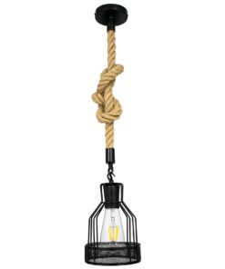 GloboStar® MASON 00881 Vintage Industrial Κρεμαστό Φωτιστικό Οροφής Μονόφωτο 1 x E27 Μαύρο με Μπεζ Σχοινί Φ15 x Y24cm