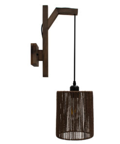 GloboStar® ARTI 00887 Vintage Φωτιστικό Τοίχου Απλίκα Μονόφωτο Καφέ Σκούρο Ξύλινο με Σχοινί και Καπέλο Φ18 x Μ18 x Π30 x Υ35-75cm