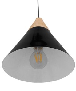GloboStar® SHADE 00906 Μοντέρνο Κρεμαστό Φωτιστικό Οροφής Μονόφωτο 1 x E27 Μαύρο Μεταλλικό με Ξύλο Καμπάνα Φ23 x Υ22cm