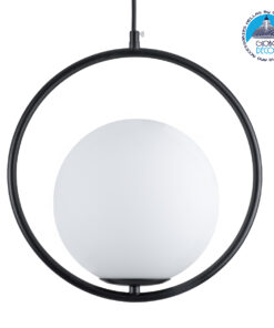GloboStar® MADRID 00931 Μοντέρνο Κρεμαστό Φωτιστικό Οροφής Μονόφωτο 1 x E27 Μαύρο Μεταλλικό Γυάλινο Μπάλα Μ30 x Π20 x Υ30cm