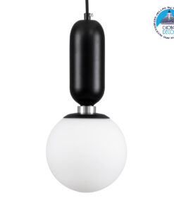 GloboStar® MAVERICK 00945 Μοντέρνο Κρεμαστό Φωτιστικό Οροφής Μονόφωτο 1 x E27 Μαύρο Μεταλλικό Γυάλινο Μπάλα Φ15 x Υ15cm