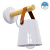 GloboStar® AMY 00946 Μοντέρνο Φωτιστικό Τοίχου Απλίκα Μονόφωτο Λευκό με Ξύλο και Δερμάτινο Λουράκι Μεταλλικό Φ13 x Μ13 x Π19 x Y14cm