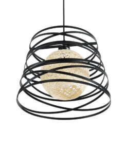 GloboStar® CARTER 00961 Μοντέρνο Industrial Κρεμαστό Φωτιστικό Οροφής Μονόφωτο 1 x E27 AC220-240V IP20 – Φ32 x Υ25cm – Μαύρο Μεταλλικό και Εκρού Μπάλα Πλέγμα – 5 Χρόνια Εγγύηση