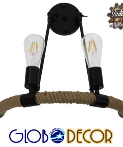 GloboStar® CROWN 01002 Vintage Industrial Φωτιστικό Τοίχου Απλίκα Δίφωτο Μαύρο Μεταλλικό με Μπεζ Σχοινί Μ21.5 x Π41 x Υ47cm