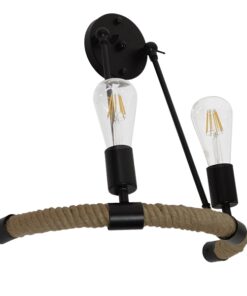 GloboStar® CROWN 01002 Vintage Industrial Φωτιστικό Τοίχου Απλίκα Δίφωτο Μαύρο Μεταλλικό με Μπεζ Σχοινί Μ21.5 x Π41 x Υ47cm
