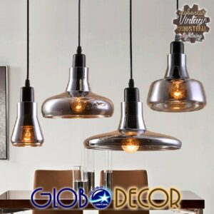 GloboStar® FEMINE 01011 SET 4 Μοντέρνα Κρεμαστά Φωτιστικά Οροφής Ποολύφωτο 4 x E27 Γυάλινα Φιμέ Χρωμίου Μονόφωτα Καμπάνα