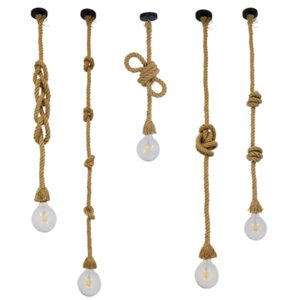 GloboStar® ROPE 01018 Vintage Industrial Κρεμαστό Φωτιστικό Οροφής Μονόφωτο 1 x E27 με 2 μέτρα Μπεζ Σχοινί Φ3.5 x Y200cm