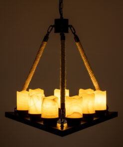 GloboStar® DOME 10001021 Vintage Κρεμαστό Φωτιστικό Οροφής Πολύφωτο 9 x E27 Μαύρο Μεταλλικό με Όνυχα Πολυέλαιος με Μπεζ Σχοινί Μ68 x Π60 x Υ50cm