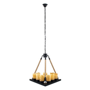 GloboStar® DOME 10001021 Vintage Κρεμαστό Φωτιστικό Οροφής Πολύφωτο 9 x E27 Μαύρο Μεταλλικό με Όνυχα Πολυέλαιος με Μπεζ Σχοινί Μ68 x Π60 x Υ50cm