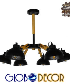 GloboStar® OLD SCHOOL 01094 Μοντέρνο Φωτιστικό Οροφής Πολύφωτο Μαύρο Μεταλλικό με Φυσικό Ξύλο Καμπάνα Φ75 x Y38cm