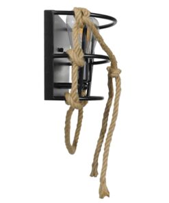 GloboStar® BARBOSA 01083 Vintage Industrial Φωτιστικό Τοίχου Απλίκα Δίφωτο Μαύρο Μεταλλικό Πλέγμα με Μπεζ Σχοινί Μ12 x Π19 x Υ28cm