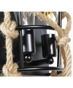 GloboStar® BARBOSA 01083 Vintage Industrial Φωτιστικό Τοίχου Απλίκα Δίφωτο Μαύρο Μεταλλικό Πλέγμα με Μπεζ Σχοινί Μ12 x Π19 x Υ28cm