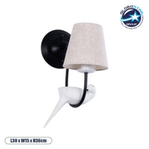 GloboStar® DOVE 01084 Vintage Φωτιστικό Τοίχου Απλίκα Μονόφωτο Μαύρο Μεταλλικό με Υφασμάτινο Μπεζ Καπέλο Φ16 x Μ35 x Π16 x Υ45cm