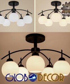 GloboStar® LUNA 01088 Μοντέρνο Φωτιστικό Οροφής Πολύφωτο Μαύρο Μεταλλικό με Λευκό Γυαλί Φ63 x Y39cm