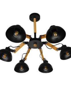 GloboStar® OLD SCHOOL 01094 Μοντέρνο Φωτιστικό Οροφής Πολύφωτο Μαύρο Μεταλλικό με Φυσικό Ξύλο Καμπάνα Φ75 x Y38cm