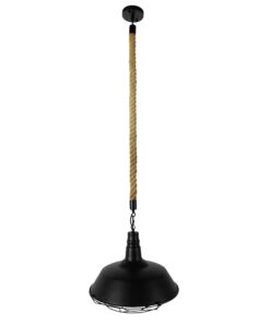 GloboStar® CRANE 01109 Vintage Industrial Κρεμαστό Φωτιστικό Οροφής Μονόφωτο 1 x E27 Μαύρο Μεταλλικό Καμπάνα Πλέγμα με Μπεζ Σχοινί Φ36 x Y25cm
