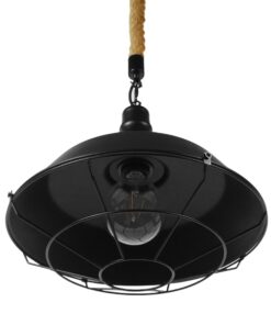 GloboStar® CRANE 01109 Vintage Industrial Κρεμαστό Φωτιστικό Οροφής Μονόφωτο 1 x E27 Μαύρο Μεταλλικό Καμπάνα Πλέγμα με Μπεζ Σχοινί Φ36 x Y25cm