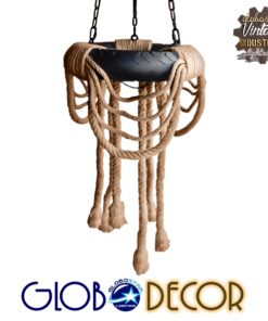 GloboStar® RUNNER 01115 Vintage Industrial Κρεμαστό Φωτιστικό Οροφής Πολύφωτο 6 x E27 Μαύρο με Μπεζ Σχοινί Φ45 x Y60cm