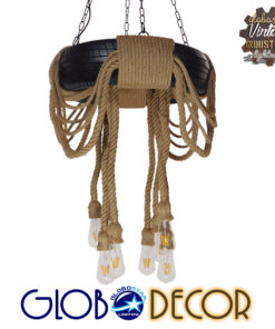 GloboStar® MARBELLA 01116 Vintage Industrial Κρεμαστό Φωτιστικό Οροφής Πολύφωτο 8 x E27 Μαύρο με Μπεζ Σχοινι Φ60 x Y60cm