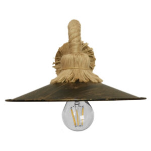GloboStar® ROBLY 01125 Vintage Φωτιστικό Τοίχου Απλίκα Μονόφωτο Μπρούτζινο Σκουριά Μεταλλικό με Καπέλο και με Μπεζ Σχοινί Φ27 x Μ35 x Π27 x Υ20cm