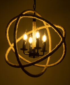 GloboStar® VITRUVIAN 01141 Vintage Κρεμαστό Φωτιστικό Οροφής Πολύφωτο 4 x E14 Μαύρο Μεταλλικό Πολυέλαιος με Μπεζ Σχοινί Φ53 x Y53cm