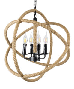 GloboStar® VITRUVIAN 01141 Vintage Κρεμαστό Φωτιστικό Οροφής Πολύφωτο 4 x E14 Μαύρο Μεταλλικό Πολυέλαιος με Μπεζ Σχοινί Φ53 x Y53cm