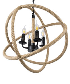 GloboStar® VITRUVIAN 01141 Vintage Κρεμαστό Φωτιστικό Οροφής Πολύφωτο 4 x E14 Μαύρο Μεταλλικό Πολυέλαιος με Μπεζ Σχοινί Φ53 x Y53cm