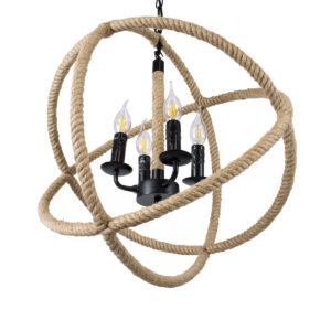 GloboStar® VITRUVIAN 01141 Vintage Κρεμαστό Φωτιστικό Οροφής Πολύφωτο 4 x E14 Μαύρο Μεταλλικό Πολυέλαιος με Μπεζ Σχοινί Φ53 x Y53cm