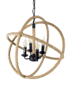 GloboStar® VITRUVIAN 01141 Vintage Κρεμαστό Φωτιστικό Οροφής Πολύφωτο 4 x E14 Μαύρο Μεταλλικό Πολυέλαιος με Μπεζ Σχοινί Φ53 x Y53cm