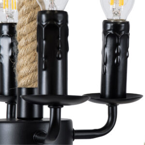 GloboStar® VITRUVIAN 01141 Vintage Κρεμαστό Φωτιστικό Οροφής Πολύφωτο 4 x E14 Μαύρο Μεταλλικό Πολυέλαιος με Μπεζ Σχοινί Φ53 x Y53cm