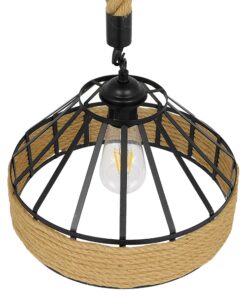 GloboStar® POLI 01146 Vintage Κρεμαστό Φωτιστικό Οροφής Μονόφωτο 1 x E27 Μαύρο Μεταλλικό με Μπεζ Σχοινί Φ30 x Y18cm