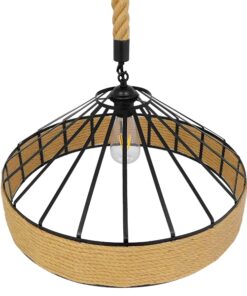 GloboStar® POLI 01147 Vintage Κρεμαστό Φωτιστικό Οροφής Μονόφωτο 1 x E27 Μαύρο Μεταλλικό με Μπεζ Σχοινί Φ50 x Y25cm