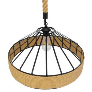 GloboStar® POLI 01147 Vintage Κρεμαστό Φωτιστικό Οροφής Μονόφωτο 1 x E27 Μαύρο Μεταλλικό με Μπεζ Σχοινί Φ50 x Y25cm