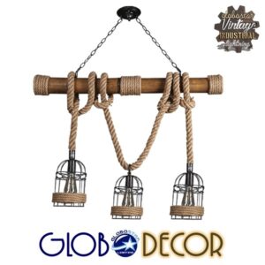 GloboStar® LILO 01149 Vintage Κρεμαστό Φωτιστικό Οροφής Τρίφωτο 3 x E27 Καφέ Ξύλινο Μπαμπού με Μπεζ Σχοινί Μ80 x Π15 x Υ100cm