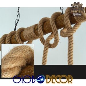 GloboStar® LILO 01149 Vintage Κρεμαστό Φωτιστικό Οροφής Τρίφωτο 3 x E27 Καφέ Ξύλινο Μπαμπού με Μπεζ Σχοινί Μ80 x Π15 x Υ100cm