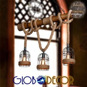 GloboStar® LILO 01149 Vintage Κρεμαστό Φωτιστικό Οροφής Τρίφωτο 3 x E27 Καφέ Ξύλινο Μπαμπού με Μπεζ Σχοινί Μ80 x Π15 x Υ100cm