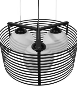 GloboStar® KEVIA 01150 Μοντέρνο Κρεμαστό Φωτιστικό Οροφής Τρίφωτο Μαύρο Μεταλλικό Πλέγμα με Καμπάνα απο Λευκό Γυαλί Φ40 x Y17.5cm