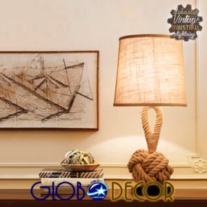 GloboStar® MONKEY FIST 01162 Vintage Επιτραπέζιο Φωτιστικό Πορτατίφ Μονόφωτο με Μπεζ Σχοινί και Καπέλο Φ29 x Υ60cm