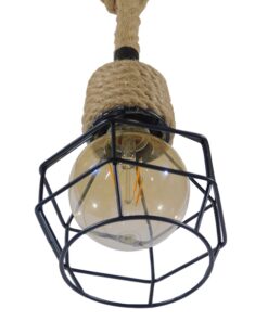 GloboStar® HELLET 01182 Vintage Industrial Κρεμαστό Φωτιστικό Οροφής Μονόφωτο 1 x E27 Μαύρο Μεταλλικό Πλέγμα με Μπεζ Σχοινί Φ16 x Y25cm