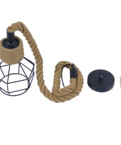 GloboStar® HELLET 01182 Vintage Industrial Κρεμαστό Φωτιστικό Οροφής Μονόφωτο 1 x E27 Μαύρο Μεταλλικό Πλέγμα με Μπεζ Σχοινί Φ16 x Y25cm