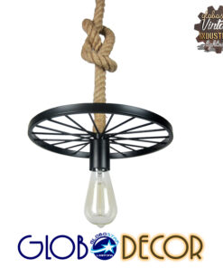 GloboStar® VELO 01185 Vintage Industrial Κρεμαστό Φωτιστικό Οροφής Μονόφωτο 1 x E27 Μαύρο Μεταλλικό Πλέγμα με Μπεζ Σχοινί Φ30 x Y16cm
