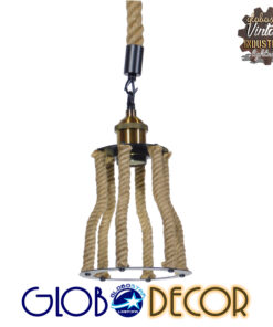 GloboStar® LANTERN 01186 Vintage Industrial Κρεμαστό Φωτιστικό Οροφής Μονόφωτο 1 x E27 Μαύρο Μεταλλικό με Μπεζ Σχοινί Φ15 x Y24cm