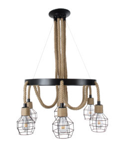 GloboStar® HELLET 01193 Vintage Industrial Κρεμαστό Φωτιστικό Οροφής Πολύφωτο 6 x E27 Μαύρο Μεταλλικό Πλέγμα με Μπεζ Σχοινί Φ72 x Y80cm