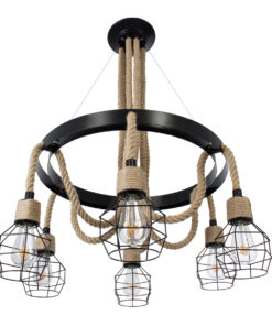 GloboStar® HELLET 01193 Vintage Industrial Κρεμαστό Φωτιστικό Οροφής Πολύφωτο 6 x E27 Μαύρο Μεταλλικό Πλέγμα με Μπεζ Σχοινί Φ72 x Y80cm