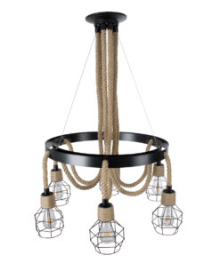 GloboStar® HELLET 01193 Vintage Industrial Κρεμαστό Φωτιστικό Οροφής Πολύφωτο 6 x E27 Μαύρο Μεταλλικό Πλέγμα με Μπεζ Σχοινί Φ72 x Y80cm