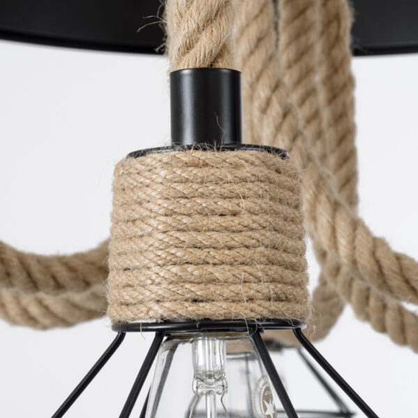 GloboStar® HELLET 01193 Vintage Industrial Κρεμαστό Φωτιστικό Οροφής Πολύφωτο 6 x E27 Μαύρο Μεταλλικό Πλέγμα με Μπεζ Σχοινί Φ72 x Y80cm